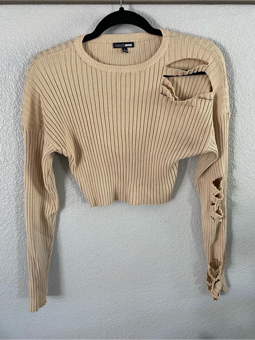 Fashion Nova Beige Ribbed Distressed Crop Sweater Top